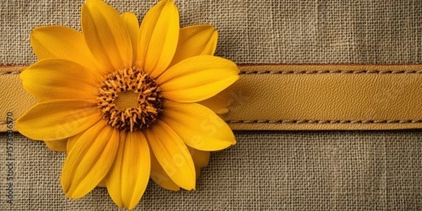 Obraz A vibrant yellow bloom centered on a textured leather patch sewn into neutral fabric