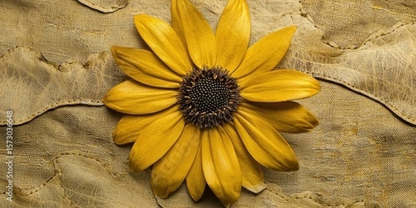 Obraz A vibrant yellow bloom centered on a textured leather patch sewn into neutral fabric