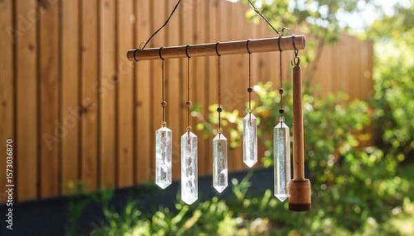 Fototapeta Crystal wind chimes hanging in a serene garden, surrounded by lush greenery and wooden fence