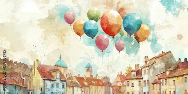 Obraz A watercolor-style painting of balloons floating above a village