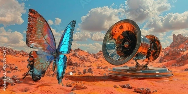 Obraz A multicolored butterfly encased in glass next to a futuristic gramophone in a red-orange desert