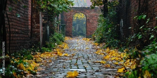Obraz A mystery waits at the end of the alley, shrouded by leaves and brick