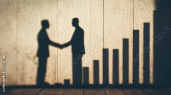 Fototapeta Fiduciary Duty in Board Responsibility Concepts. Two people shaking hands with a rising bar chart shadow behind them, symbolizing business growth , partnership or trust.