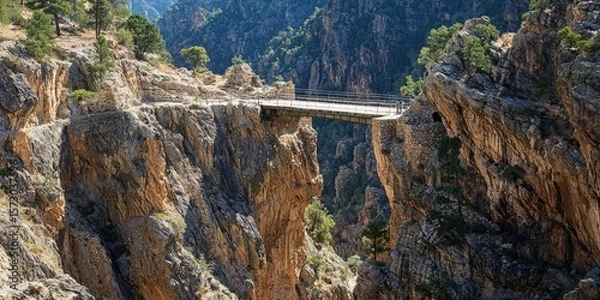 Obraz A narrow bridge crossing a canyon with sheer liffs