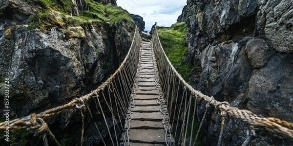 Obraz A narrow rope bridge hanging between two cliffs