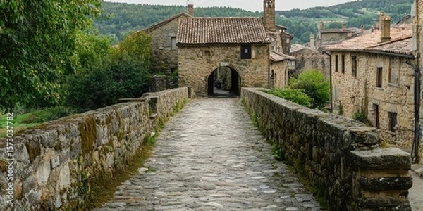 Obraz A narrow stone bridge in a European medieval village