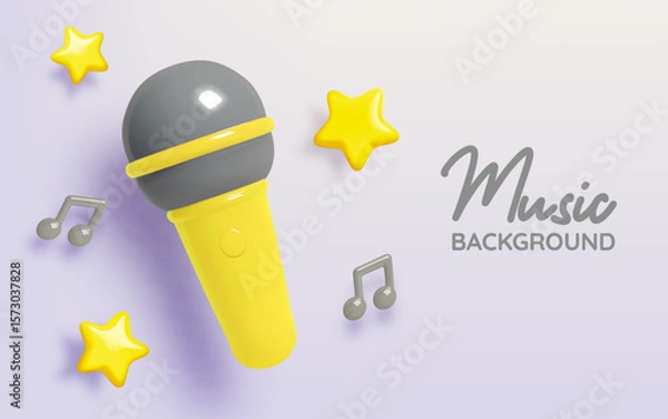 Fototapeta 3D Yellow Microphone with Music Notes and Stars on a Pastel Background
