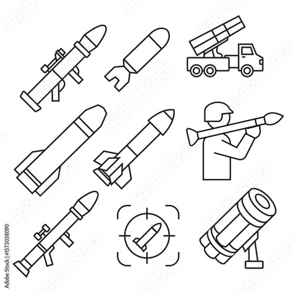 Fototapeta Rocket and Missile Launcher Icons Set – Military Weapons Outline Vector Illustration