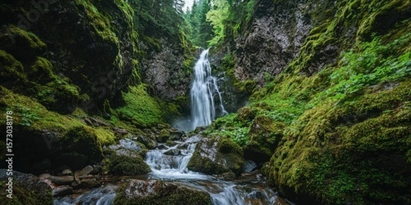 Obraz A narrow waterfall cascading down moss-covered rocks