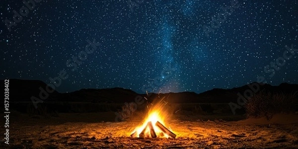 Obraz A night sky full of stars above a glowing campfire in the desert