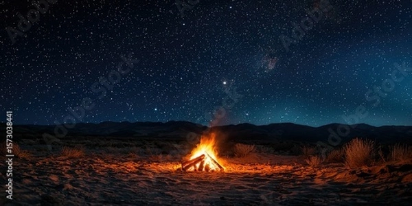 Obraz A night sky full of stars above a glowing campfire in the desert