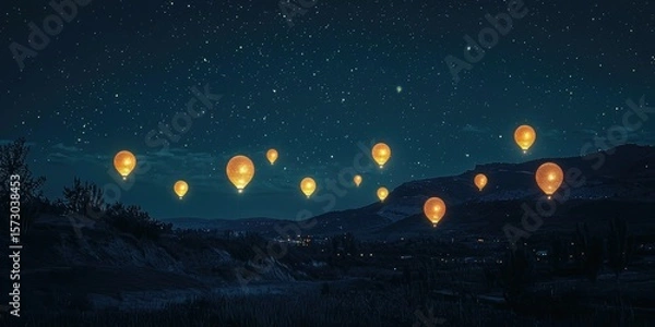 Obraz A night sky lit by glowing balloons like tiny moons