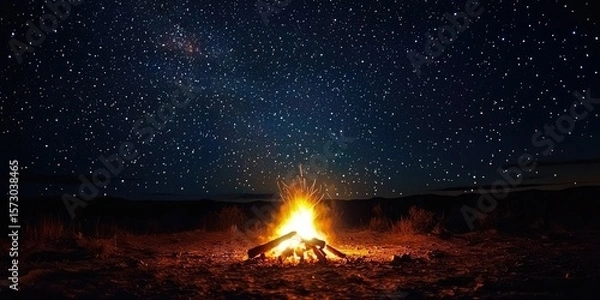 Obraz A night sky full of stars above a glowing campfire in the desert