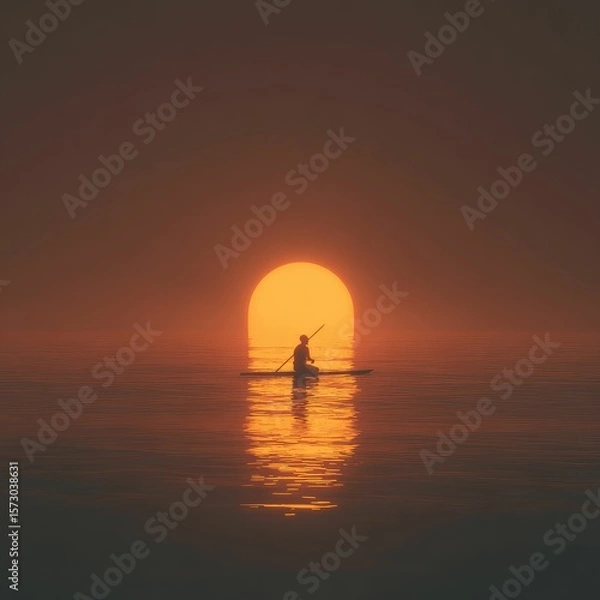 Obraz A paddleboarder drifting into the glowing horizon--a --v 7 Job ID: 459a53fa-f17d-4a58-bb52-2e75c4d35777
