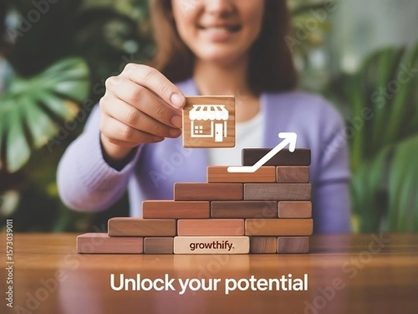 Obraz Woman placing building block on growth chart with upward arrow and store icon business growth success