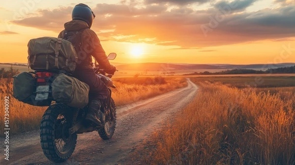 Fototapeta Adventurous Motorcyclist Riding on Dirt Road at Sunset Surrounded by Golden Fields, Capturing the Essence of Freedom and Exploration in Nature