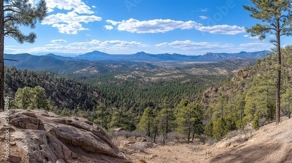 Fototapeta Breathtaking Mountain Landscape View from Rocky Outcrop Surrounded by Lush Pine Forest and Majestic Blue Sky with Fluffy Clouds in the Distance
