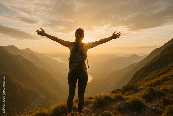 Fototapeta Hiker embraces the sunrise atop a mountain with arms wide open during early morning in a scenic landscape Generative AI