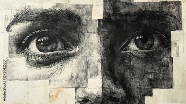 Obraz Powerful fragmented monochrome portrait with intense human eyes constructed from geometric charcoal sections creating a raw expressive abstract representation of gaze and emotional depth