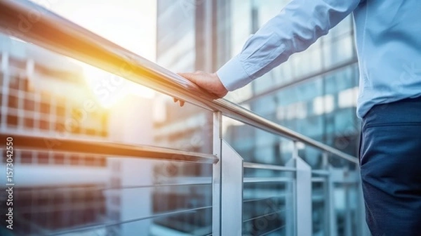 Fototapeta Businessman Contemplating Opportunities on a Modern Balcony Overlooking a Cityscape at Sunset with Elegant Architecture in the Background