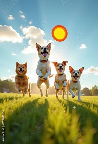 Fototapeta energetic dogs playing frisbee vibrant open field sunny skies lush green grass, sunset, canine, park, happy, exercise, sport, fun, nature, toss, fetch