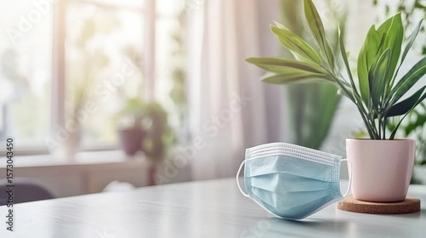 Fototapeta Close-Up of a Surgical Face Mask on a Table Near a Potted Plant in a Bright and Modern Indoor Environment, Capturing a Sense of Safety and Wellness