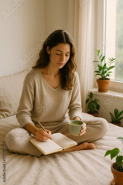 Fototapeta Young woman enjoys morning routine while journaling peacefully in cozy bedroom filled with plants and natural light Generative AI