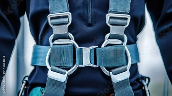 Fototapeta Close-up of Safety Harness with Metal Buckles and Straps for Mountain Climbing, Construction Work or Adventure Sports in Action, Focus on Essential Gear and Tools