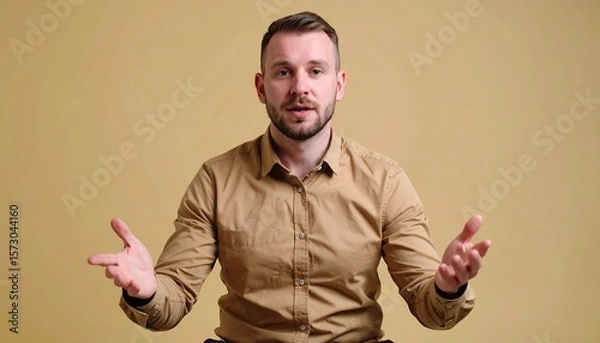 Fototapeta Engaging Bearded Man Gesturing in a Tan Shirt Against a Neutral Studio Backdrop
