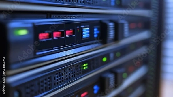 Fototapeta Close-Up View of Network Server Rack with Active LED Indicators Showcasing Data Storage Components and Cooling System in a Modern Data Center Environment