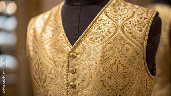Fototapeta American aristocracy emerged through generations of wealth. Luxurious golden vest with intricate patterns displayed on a mannequin.