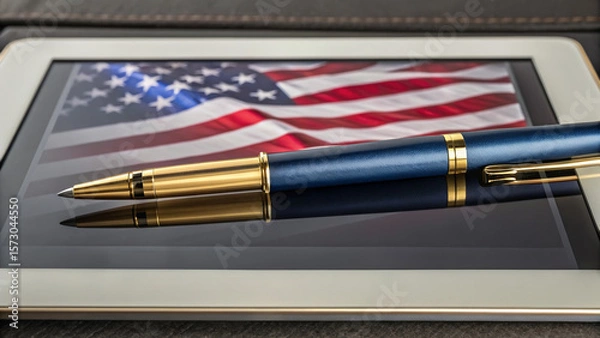 Fototapeta American aristocracy emerged through generations of wealth. Elegant pen on a tablet displaying the American flag, symbolizing patriotism and technology.
