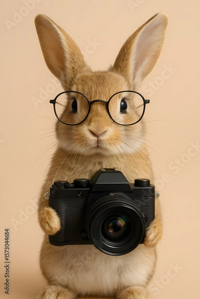 Fototapeta Cute rabbit wearing glasses holds a camera, ready to capture moments in a light-colored setting Generative AI