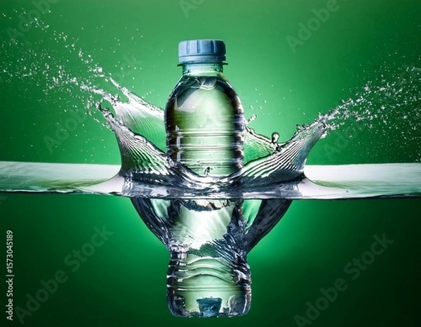 Fototapeta water bottle falling into water creating a splash isolated against green background