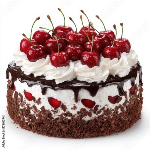 Fototapeta Delicious Black Forest Cake with Fresh Cherries, Whipped Cream, Chocolate Shavings and Chocolate Sauce isolated on White Background, Perfect for Celebrations