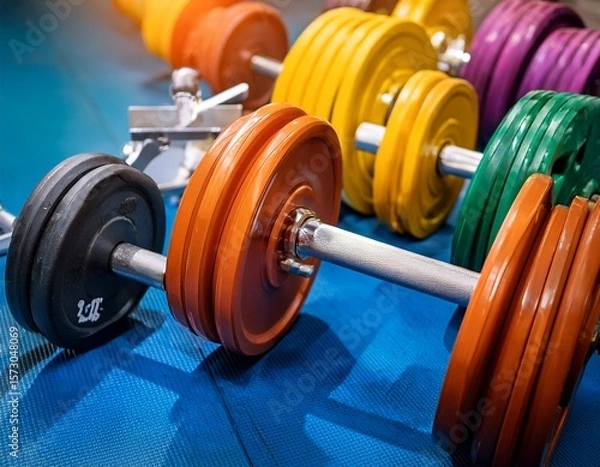 Fototapeta brightly colored gym tools like weights and barbells great for all kinds of workouts to build strength and get in shape