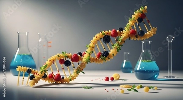Obraz Creative DNA Model: Pasta, Berries, and Lab Beakers in Science Setting