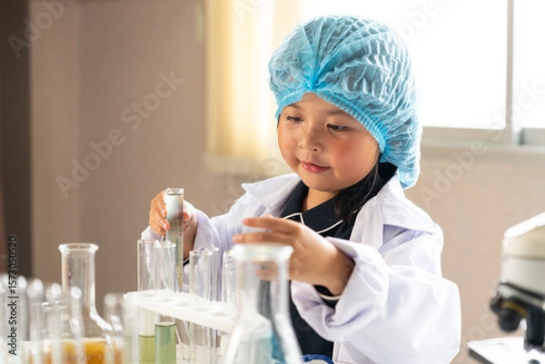 Obraz Little Scientist Experiments with Chemical Mixing For young children to learn the basics of science, experiment with careers.