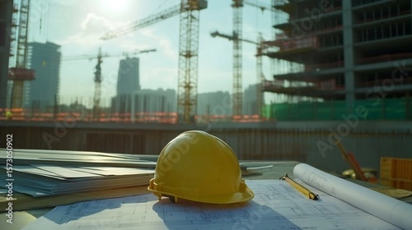 Fototapeta Construction helmet with a bright yellow color sitting atop blueprints on a desk at a construction site Cranes and unfinished structures in the background emphasize safety on the job