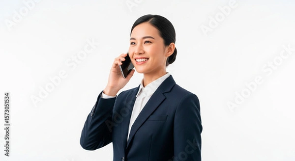 Fototapeta Professional on phone: A smiling woman in a business suit engages in a call, radiating confidence and effective communication skills.