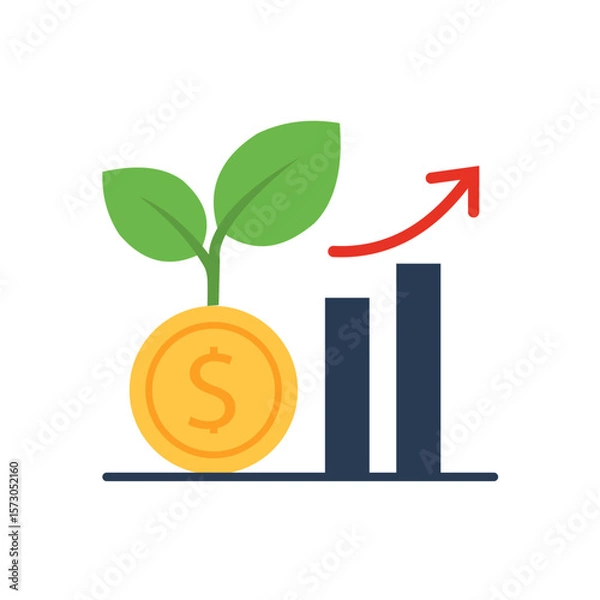 Fototapeta Flat vector of coin with plant and rising bar chart, symbolizing financial growth. Clean, modern style on white background