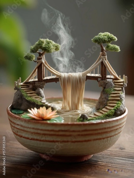 Obraz Artistic miniature bridge with steam and floating trees in decorative bowl, serene indoor setting