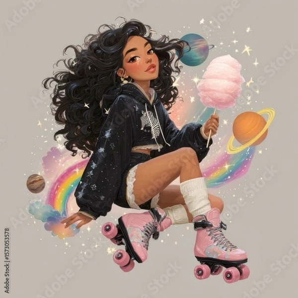 Obraz Teenage Girl with Roller Skates in a Cosmic Space Setting Surrounded by Planets, Rainbows, and Sparkles