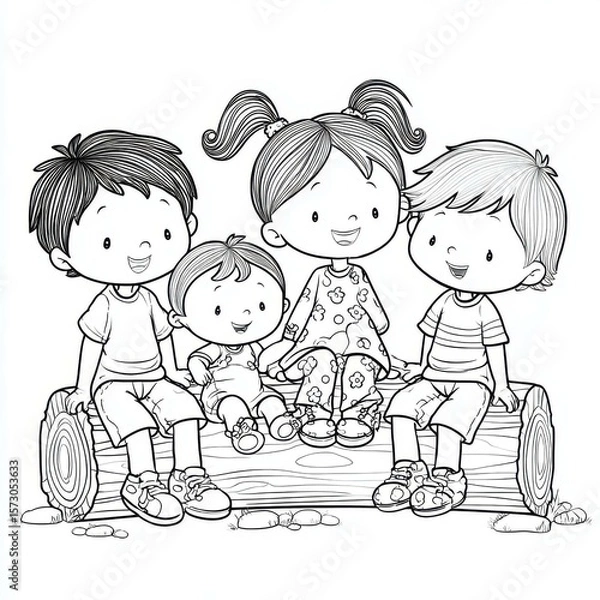 Obraz Coloring Page of Happy Kids Sitting on a Log Outside in a Nature Scene