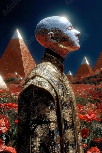 Obraz Futuristic humanoid robot with geometric head in surreal landscape with pyramids and flowers
