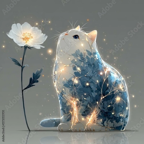 Obraz Artistic digital illustration of a cat with glowing foliage and a flower, fantasy style with sparkles and light effects