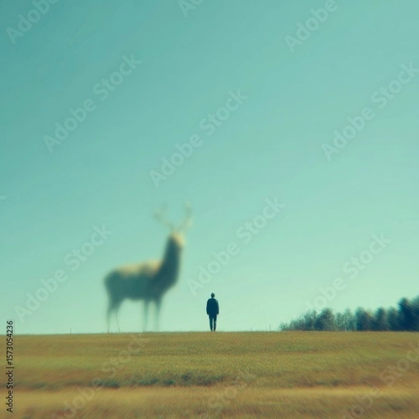 Obraz Surreal scene of a man standing on a grassy hill with a tiny figure of a deer and a blurred giant deer in the background under a clear sky