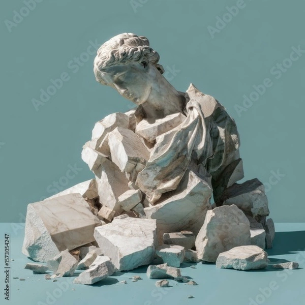 Obraz Marble sculpture of a classical bust shattered into pieces on a pastel background