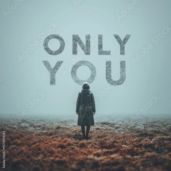 Obraz Woman Standing on Desert Ground Facing Large "Only You" Sign in Foggy Environment