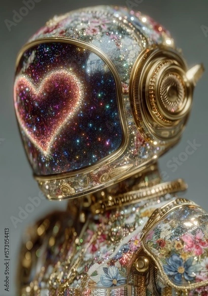 Obraz Luxurious Gold-Legged Robot with Glittering Heart-Shaped Galaxy on Visor and Floral Body
